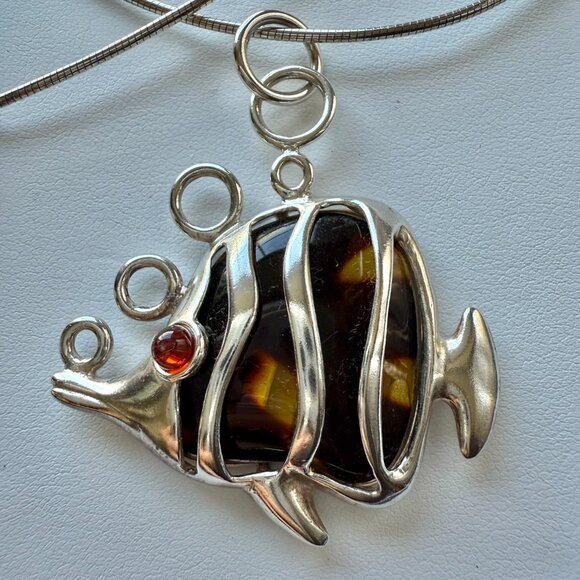Sterling Silver Baltic Amber Fish on Sterling Snake chain - Picture 2 of 5
